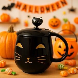 Ceramic Cat Mug 13.5oz Black Gold Ears Whiskers Coffee‎ Tea Cup Dishwasher Safe